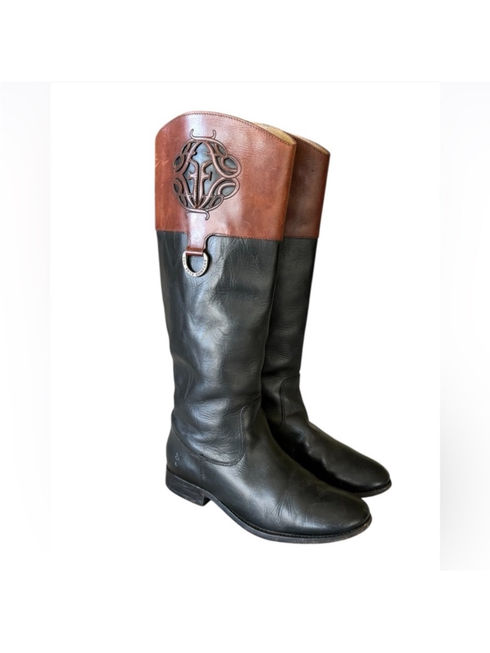 Frye Melissa Logo Black Brown Tall Leather Riding Boots Size 8.5 - Picture 2 of 14
